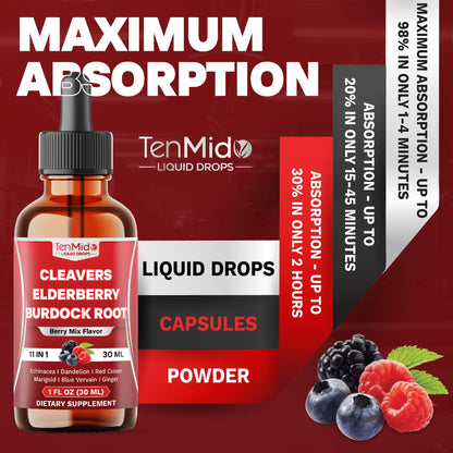 Tenmido 11in1 Lymphatic Drainage Drops with Cleavers, Elderberry, Burdock Root, Echinacea, Dandelion, Red Clover, Marigold, Blue Vervain, Ginger, Licorice, Rosehip - 30 Days Supply - 1FL Oz Tenmido buy supplements Au