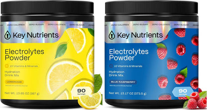 KEY NUTRIENTS Electrolytes Powder Bundle, Refreshing Lemonade 90 Servings Jar + Sweet Blue Raspberry 90 Servings Jar, Sugar Free Hydration Drink Mix with Vitamins & Minerals, No Calories