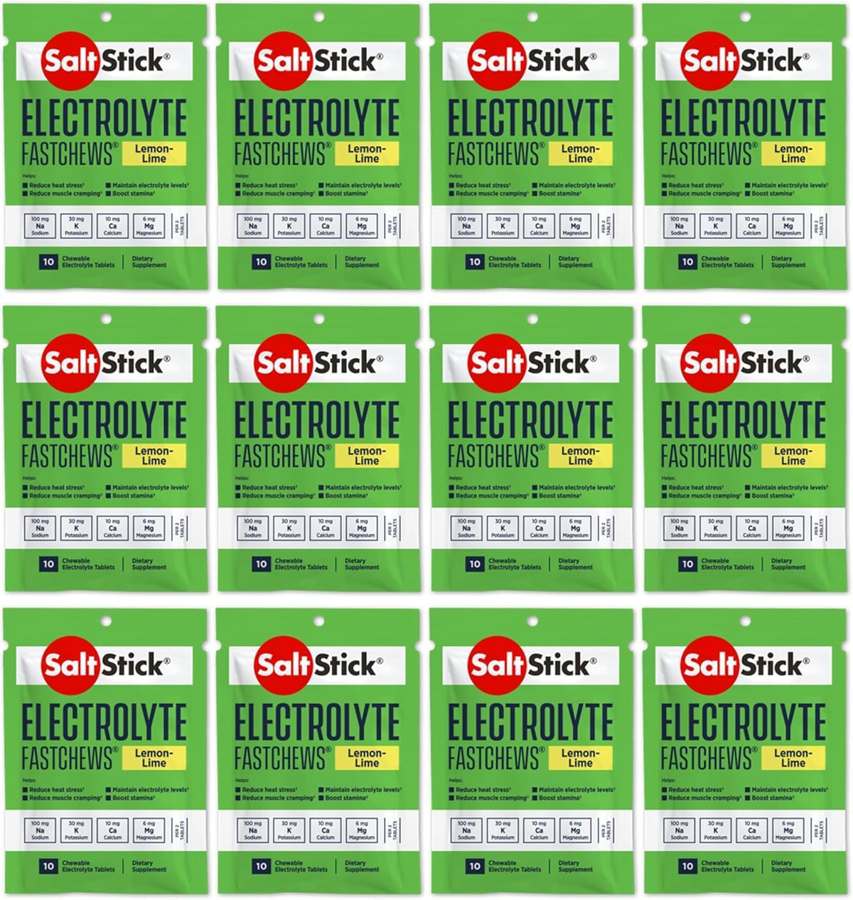 SaltStick Electrolyte FastChews Chewable Tablets, Lemon Lime, 120 count, 12 packets of 10 tablets each