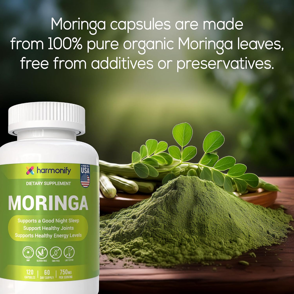 Moringa Capsules - Pure Moringa Powder Supports, Joint Comfort & Healthy Energy Levels 120 Capsules - Made in USA, Gluten Free Supplement, GMO Free