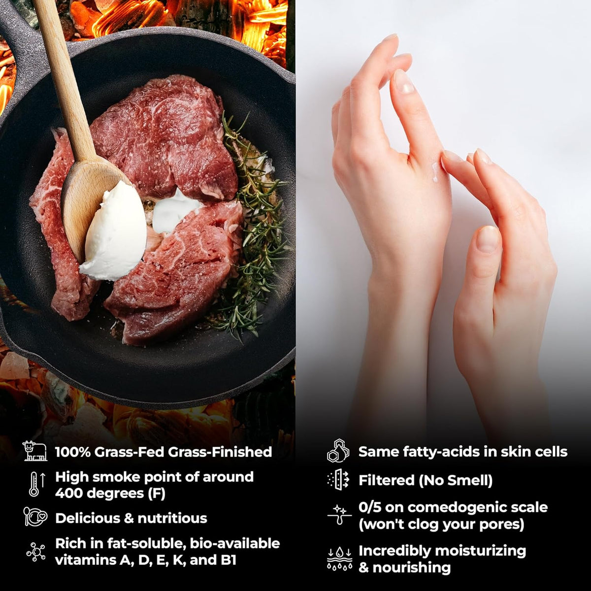 Santa Cruz Paleo Beef Tallow for Cooking, 100% Grass Fed and Finished, Gluten Free, Keto, Sugar Free, Paleo, With Vitamin D, E, K, B1, A, Fatty Acids, 8 Oz