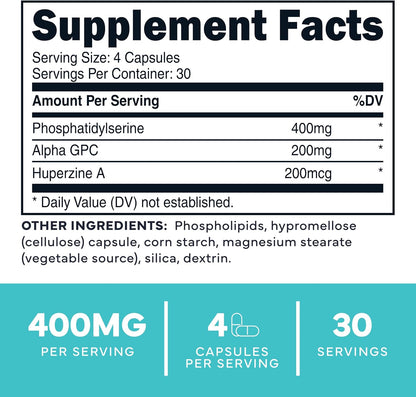 Type Zero Phosphatidylserine+ (400mg) 120 Capsules, 30 Servings | With Huperzine A + Alpha GPC, 3X Strength Nootropics Brain Support Supplement, Clean Focus & Memory