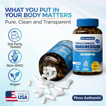 FKMS Authentic Triple Magnesium Complex | 300mg Magnesium Glycinate, Malate & Citrate for Sleep, Stress & Muscle Support | Non-GMO, Vegan, Gentle on Stomach | High Absorption | 90 Capsules FKMS AUTHENTIC buy supplements Au