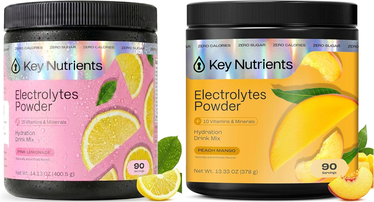 KEY NUTRIENTS Electrolytes Powder Bundle, Fresh Pink Lemonade 90 Servings Jar + Peach Mango 90 Servings Jar, Sugar Free Hydration Drink Mix with Vitamins & Minerals, No Calories