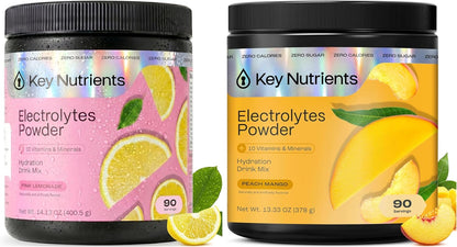 KEY NUTRIENTS Electrolytes Powder Bundle, Fresh Pink Lemonade 90 Servings Jar + Peach Mango 90 Servings Jar, Sugar Free Hydration Drink Mix with Vitamins & Minerals, No Calories