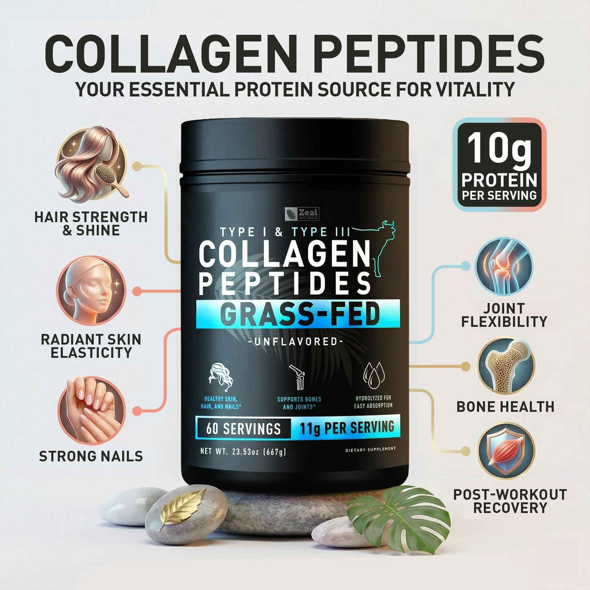 Zeal Naturals Hydrolyzed Collagen Peptides Powder, 10g Protein | Grass-Fed Collagen for Women & Men | Essential Amino Acids | Hair, Skin, Nails, Bone Health | 60 Servings, Unflavored, 23.53 oz.