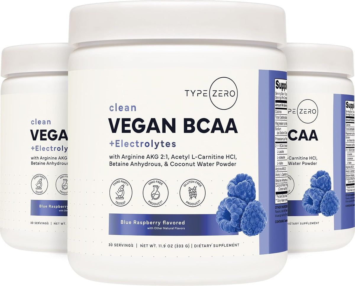 Type Zero Ultra Clean Vegan BCAA Powder + Electrolytes (Blue Raspberry) | 6g Per Serving, 2:1:1 Sugar-Free, No Sucralose, BCAAs Amino Acids Supplement, After Workout Drink, 30 Servings