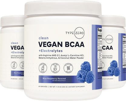Type Zero Ultra Clean Vegan BCAA Powder + Electrolytes (Blue Raspberry) | 6g Per Serving, 2:1:1 Sugar-Free, No Sucralose, BCAAs Amino Acids Supplement, After Workout Drink, 30 Servings