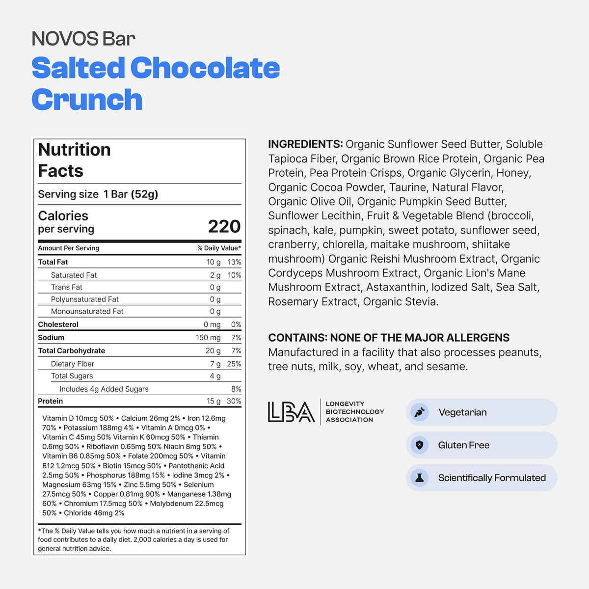 NOVOS Longevity Protein Bar Variety Pack (3 Flavors) – Peanut Butter, Mixed Berry Crunch & Salted Chocolate Crunch | 15g Protein, 20 Superfoods & Longevity Nutrients | Healthy Snack for Energy & Focus