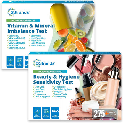 5Strands Nutrition Imbalance Test + Beauty Hygiene Sensitivity Test Bundle, At-Home Hair Analysis for Adults & Kids, Identify Nutrient Absorption Gaps & Personal Care Ingredient Sensitivities