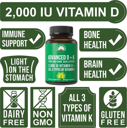 Peak Performance Advanced Vitamin D 2000 IU with All 3 Types of Vitamin K Vitamin D3 and Vitamin K2, K1, MK-7 (MK7), MK4 Supplements - 60 Small and Easy to Swallow Vegetable Capsules