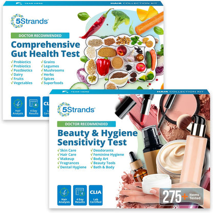 5Strands Comprehensive Gut Health Test + Beauty Hygiene Sensitivity Test Bundle, At-Home Hair Analysis for Adults & Kids, Identify Food Intolerances & Personal Care Ingredient Sensitivities
