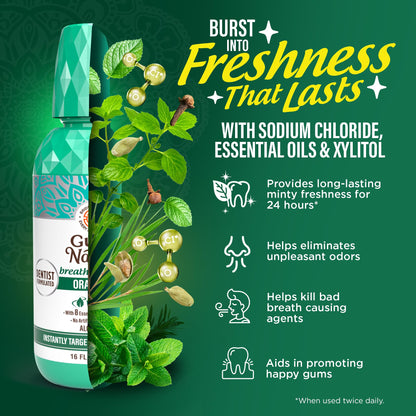 GuruNanda Oral Rinse Fresh Breath Mouthwash, ADA-Accepted Alcohol-Free Mouthwash, 7 Essential Oils & Vitamins, SLS & Flouride-Free, Wild Mint, 16 Oz
