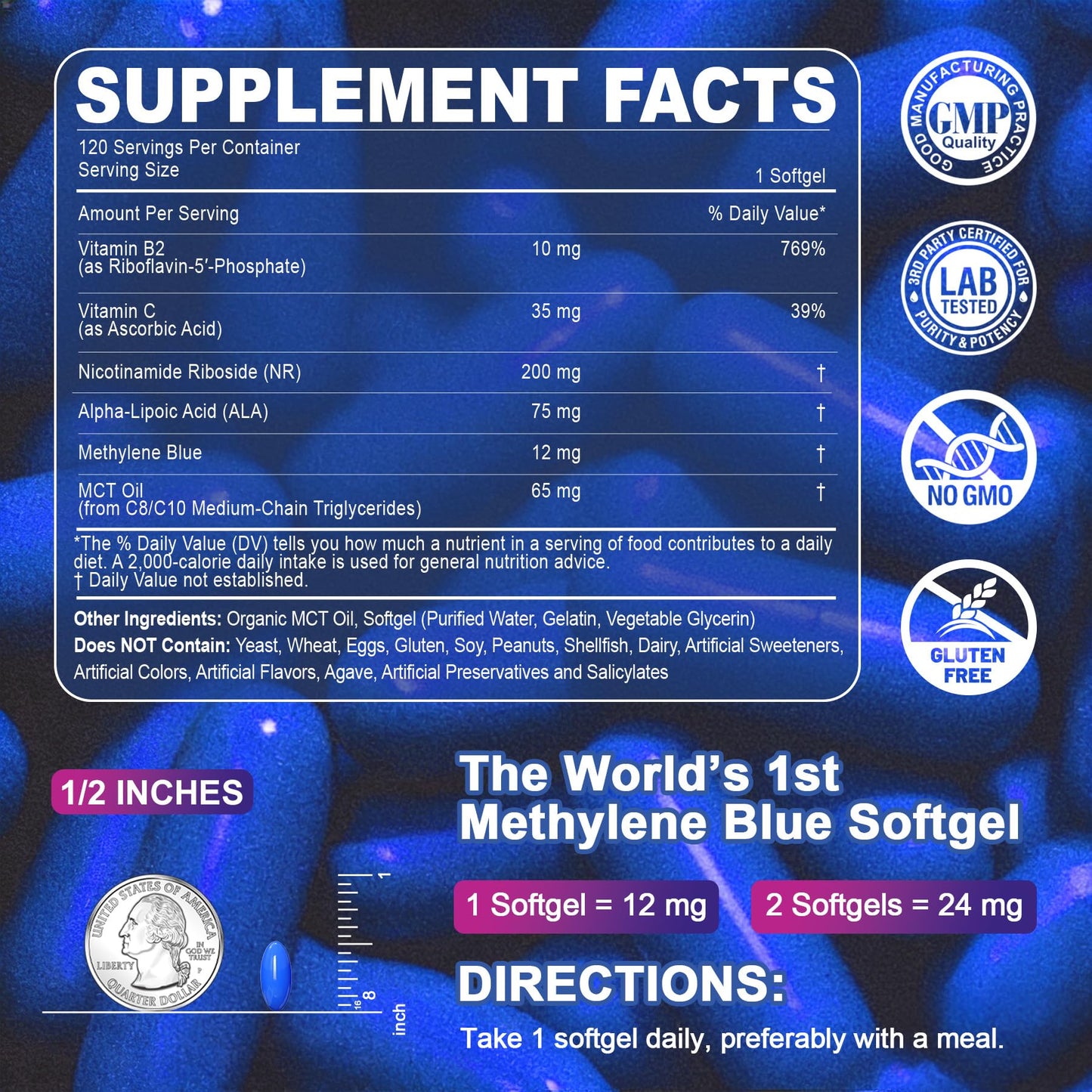LILICARE Advanced 12mg Methylene Blue Softgels for Humans | Upgraded Brain & Cellular Energy Supplement with CoQ10, NR & ALA | High Absorption Formula, Non-GMO, Mitochondrial & ATP Support, 120 Cts LILICARE buy supplements Au