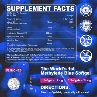 LILICARE Advanced 12mg Methylene Blue Softgels for Humans | Upgraded Brain & Cellular Energy Supplement with CoQ10, NR & ALA | High Absorption Formula, Non-GMO, Mitochondrial & ATP Support, 120 Cts LILICARE buy supplements Au