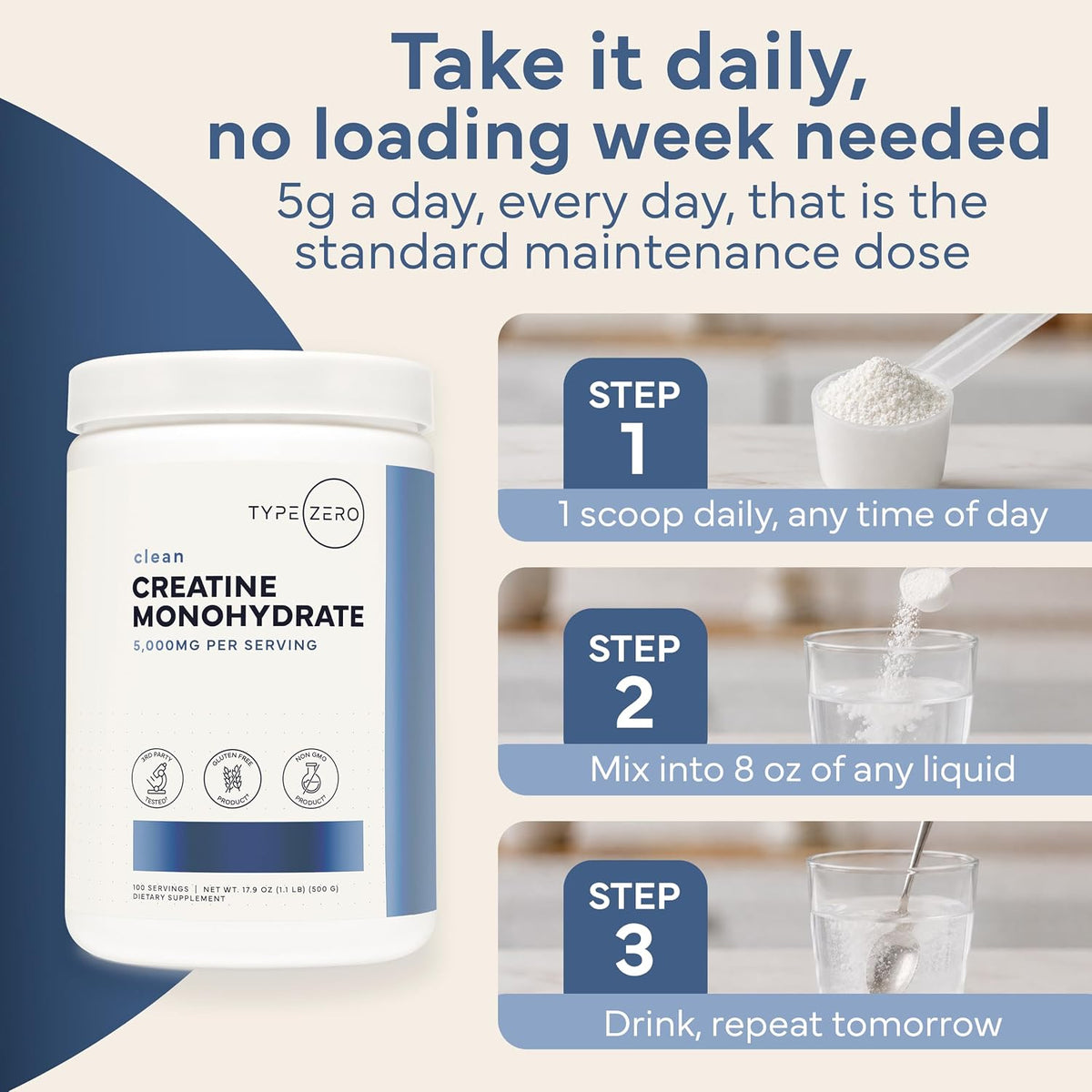 Type Zero Creatine Monohydrate Powder (Unflavored) 500 Grams, Micronized | 5000mg Per Serving, Zero Sugar, Keto Friendly & Gluten-Free, 100 Servings