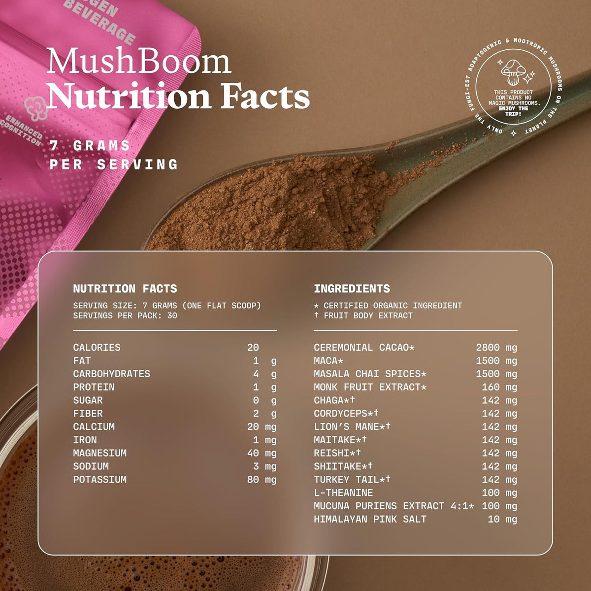 Ultra Life Sport - MushBoom Organic Mushroom Coffee Alternative Drink - 30 Servings 7 Mushroom Cacao Blend - Cordyceps, Lion’s Mane, Chaga, Maitake, Shiitake, Reishi & Turkey Tail - Caffeine Free