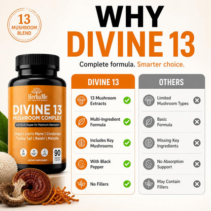 HerbaMe 13 Mushroom Extract Complex Capsules with Lion’s Mane, Cordyceps, Turkey Tail, Reishi & Chaga – Brain, Energy & Immune Support Supplement with Black Pepper for Absorption, 90 Count