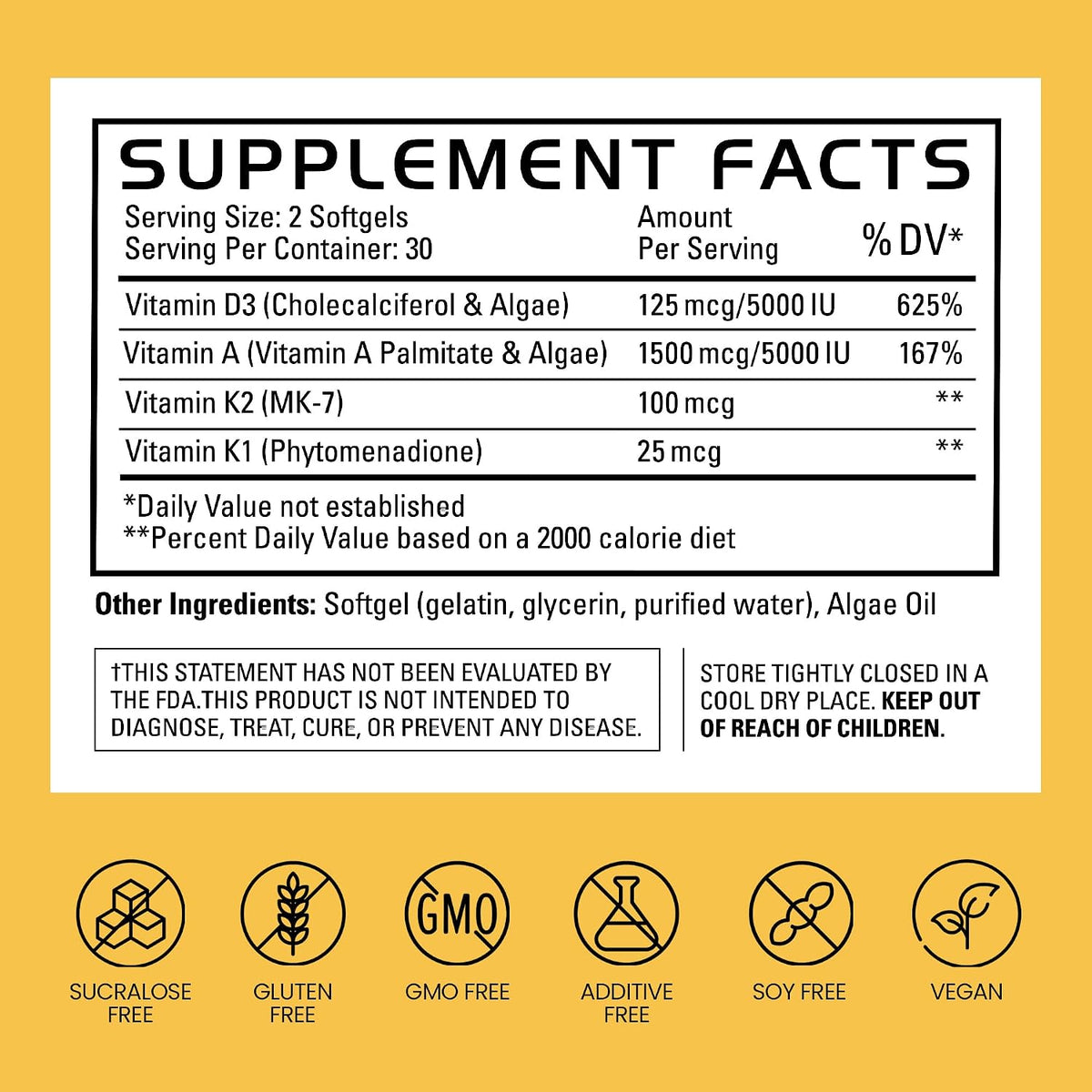 Gains in Bulk D3 K2 Supplement 5000 IU, 60 Softgels
