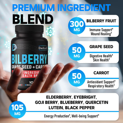 DEDICAD 20:1 Bilberry Extract Capsules - 5 Month Supply - Support Eyes, Vision & Heart Health - 10in1 Plus Grape Seed, Carrot, Elderberry, Eyebright & Others - 150 Counts DEDICAD buy supplements Au