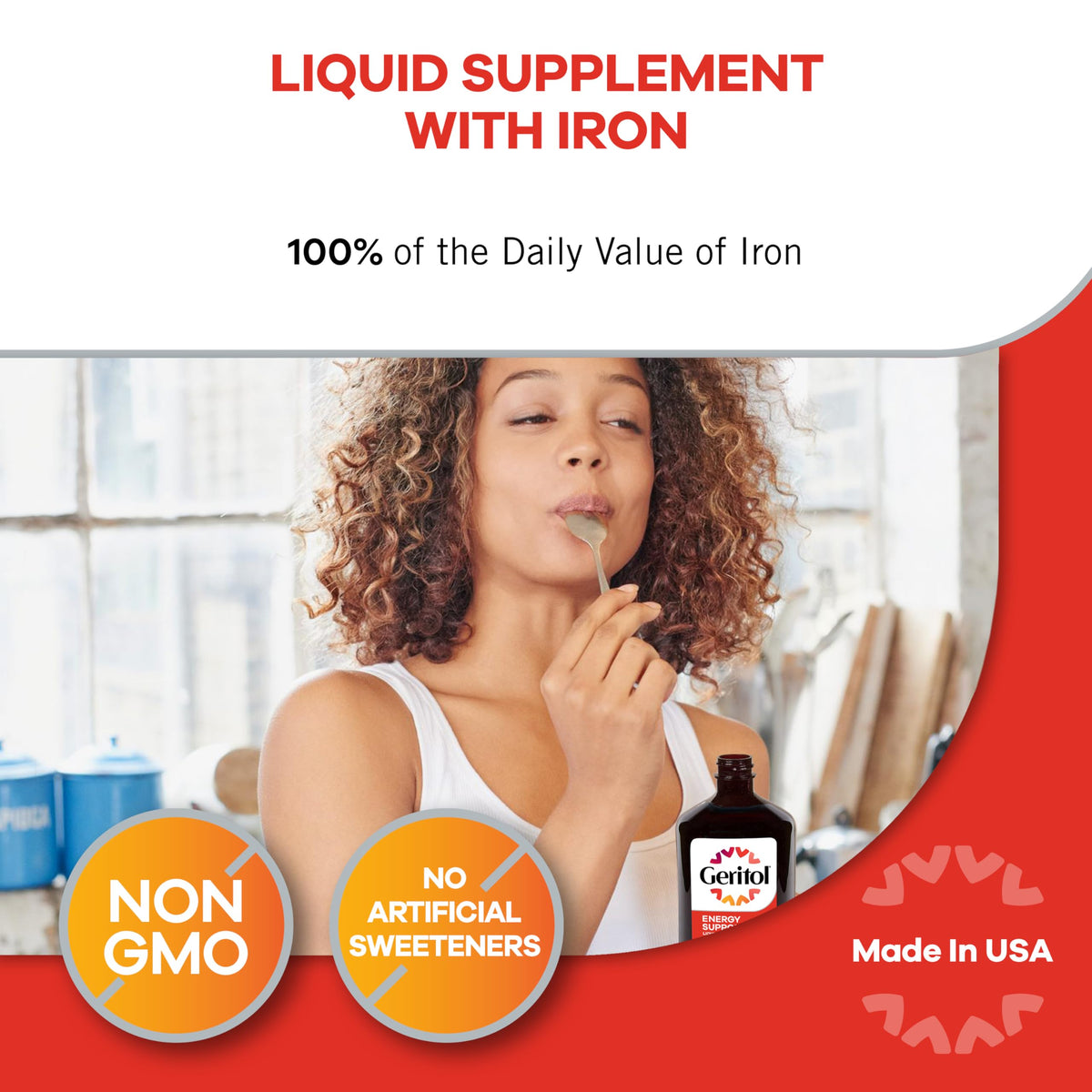Suplement ​Geritol Liquid Vitamin and Iron Supplement, Energy Support Vitamins, Contains High Potency B-Vitamins and Iron, Easy to Swallow, VelvetGlow USA