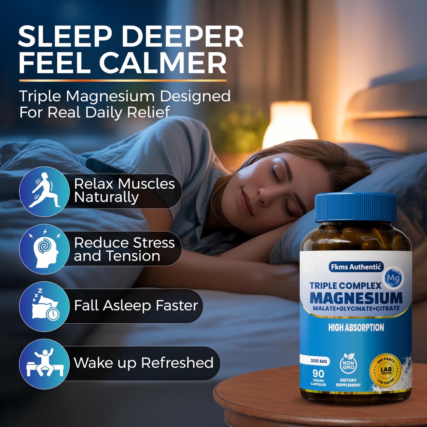 FKMS Authentic Triple Magnesium Complex | 300mg Magnesium Glycinate, Malate & Citrate for Sleep, Stress & Muscle Support | Non-GMO, Vegan, Gentle on Stomach | High Absorption | 90 Capsules FKMS AUTHENTIC buy supplements Au