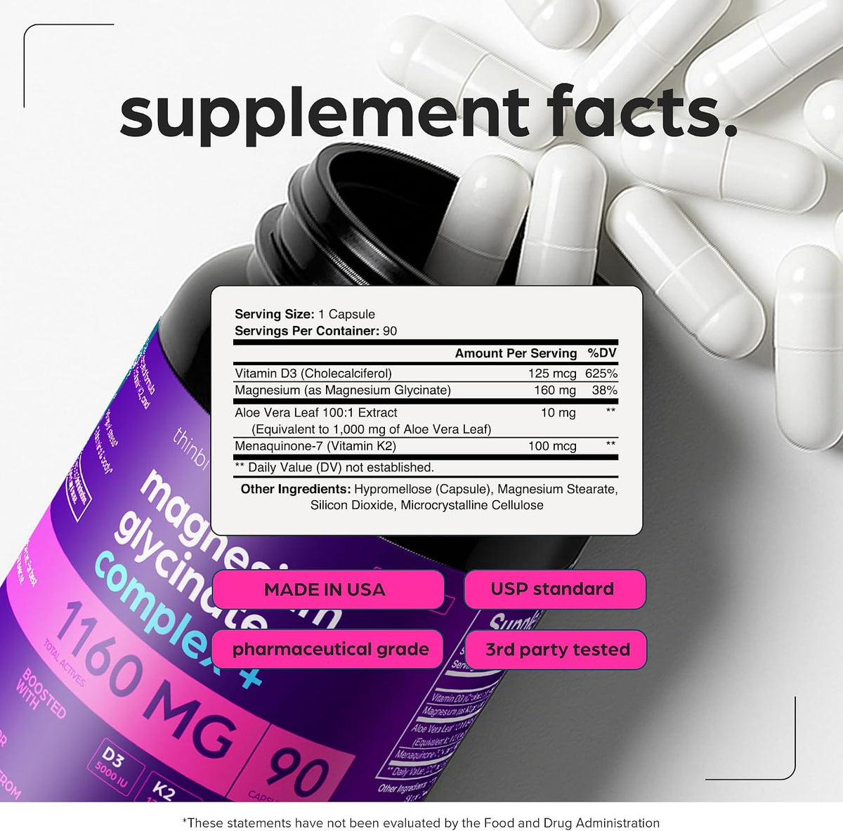 Magnesium Glycinate 1160mg + Aloe Vera, D3 & K2 Complex