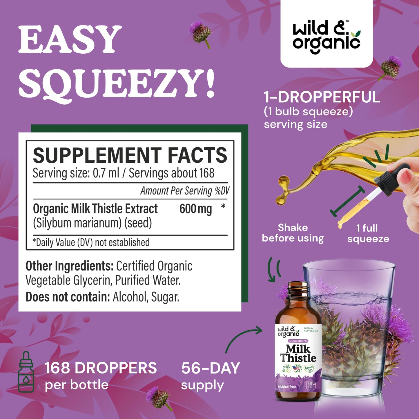 Wild & Organic Dandelion Root Tincture & Milk Thistle Tincture 4 fl oz - Liver Cleanse Detox Support - Dandelion Root Extract Drops - Milk Thistle Supplement - No Sugar & Alcohol