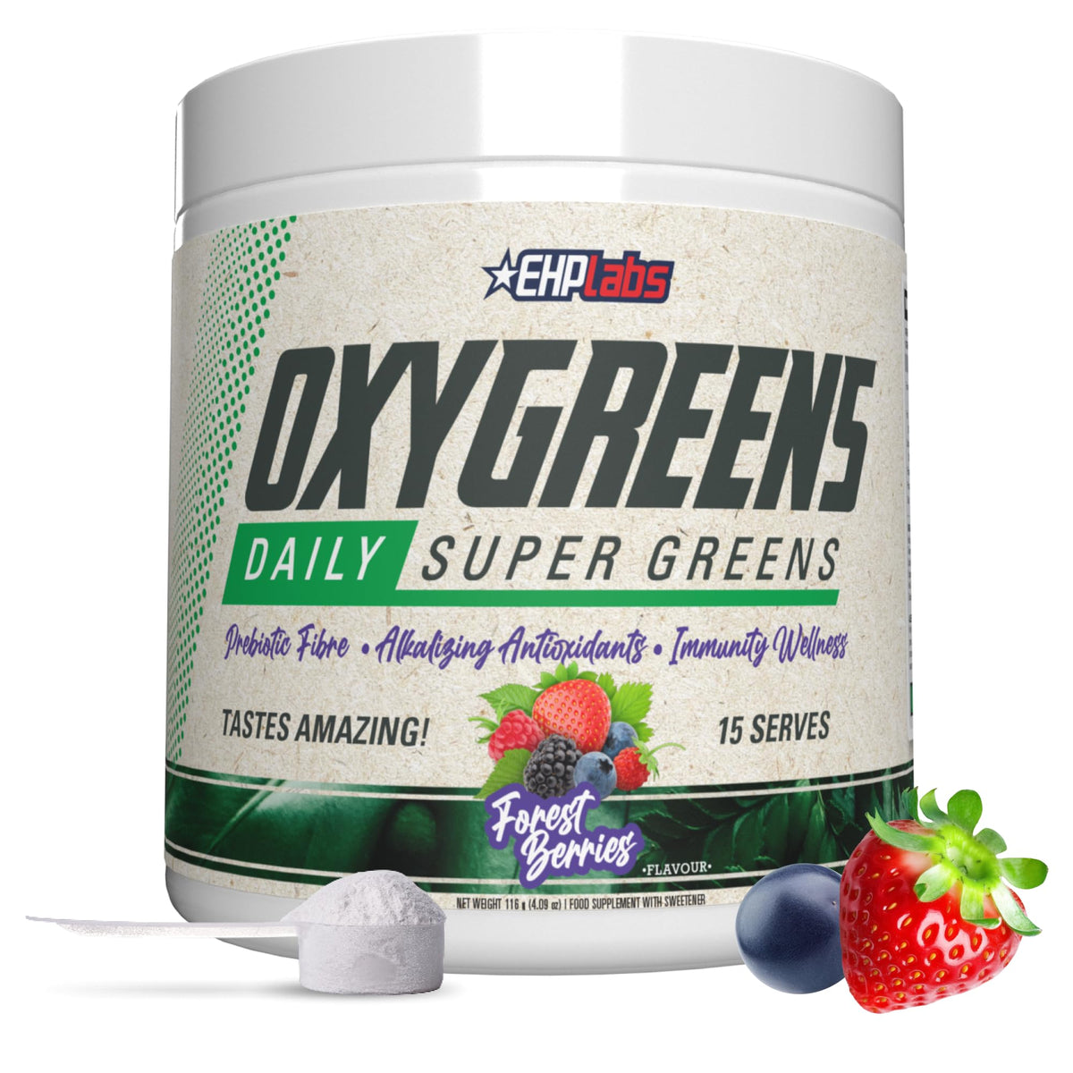 EHP Labs OxyGreens Super Greens Powder with Spirulina & Chlorella, Prebiotic Fiber, Probiotics & Digestive Enzymes – Antioxidant Green Superfood Supplement - 15 Serves (Pineapple)