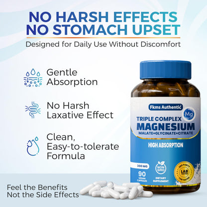 FKMS Authentic Triple Magnesium Complex | 300mg Magnesium Glycinate, Malate & Citrate for Sleep, Stress & Muscle Support | Non-GMO, Vegan, Gentle on Stomach | High Absorption | 90 Capsules FKMS AUTHENTIC buy supplements Au