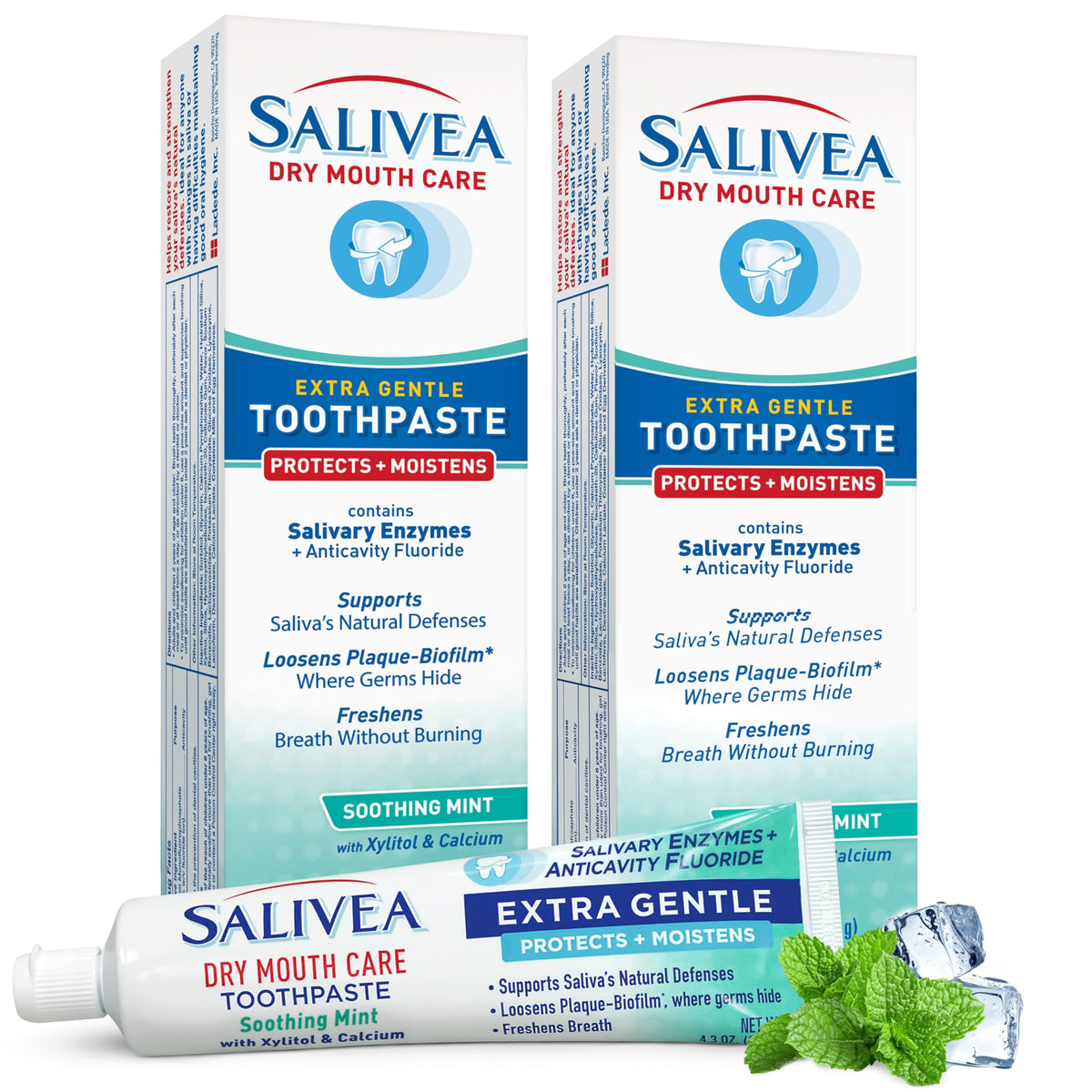 Suplement ​SALIVEA Dry Mouth Toothpaste (2 Pack) — 4.3 oz Each, Anticavity Fluoride, Natural Salivary Enzymes, Xylitol & Calcium, SLS-Free, VelvetGlow USA