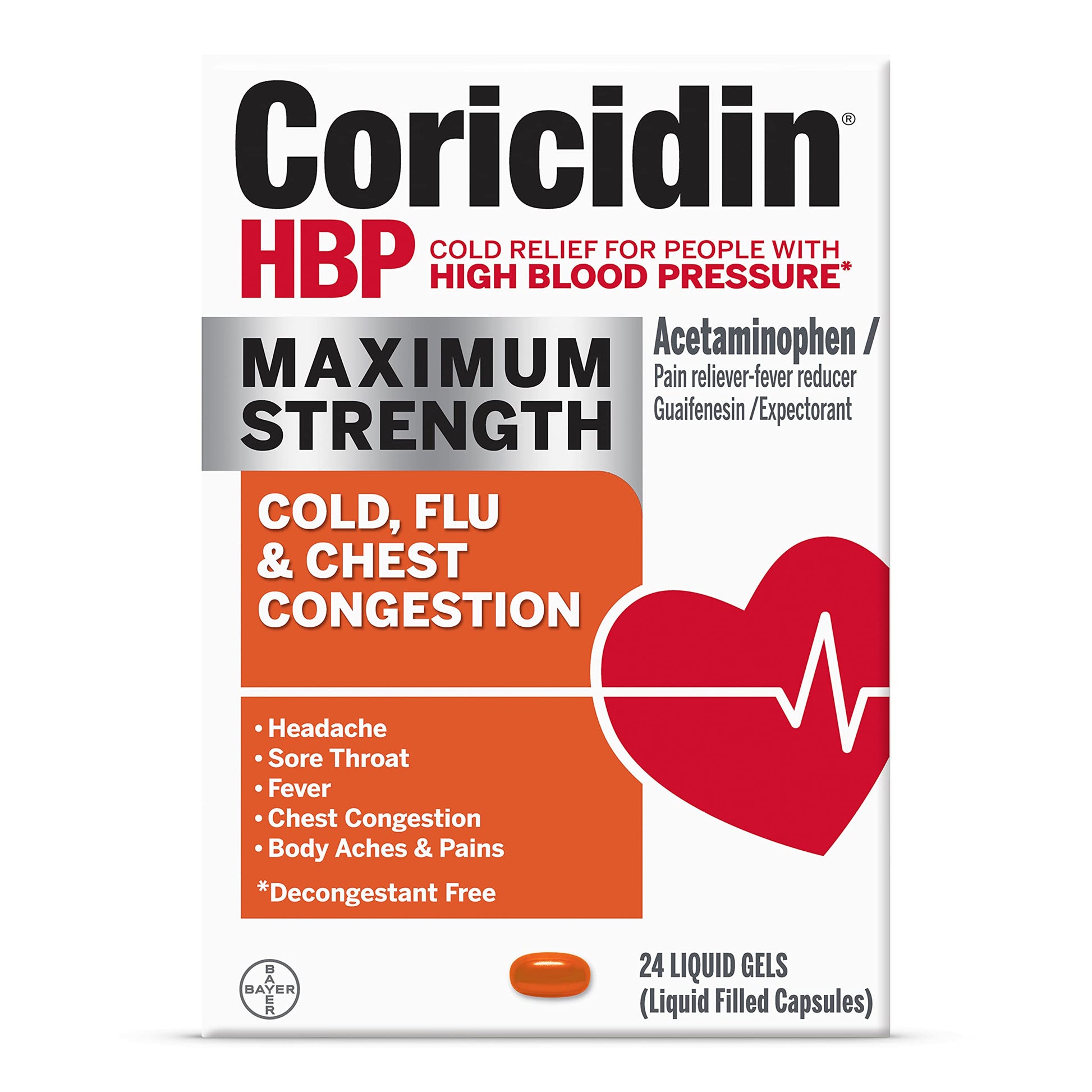 Coricidin HBP, Decongestant-Free Cold Symptom Relief for People with High Blood Pressure, Maximum Strength, Flu & Chest Congestion Liquid Gels, 24 Count Coricidin HBP buy supplements Au