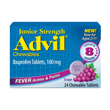 Advil Junior Strength Chewable Ibuprofen Pain Reliever and Fever Reducer, Children's Ibuprofen for Pain Relief, Grape - 24 Tablets AdvilBuy Supplements Australia