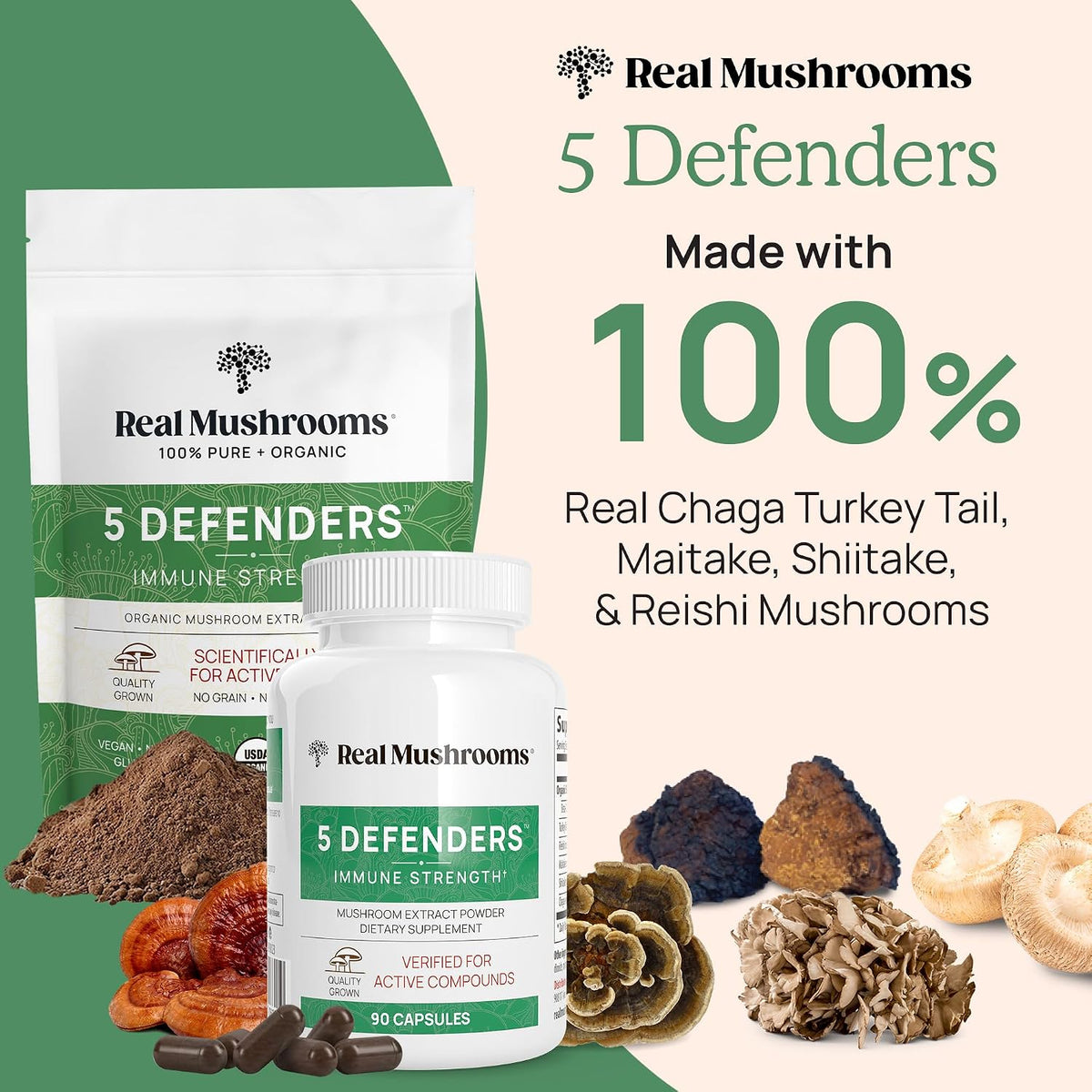 Real Mushrooms RealClarity (60ct) and 5 Defenders (90ct) Capsules Bundle - Mushroom Supplement for Mental Clarity, Focus & Immune Strength - Vegan, Non-GMO, Verified Levels of Beta-Glucans