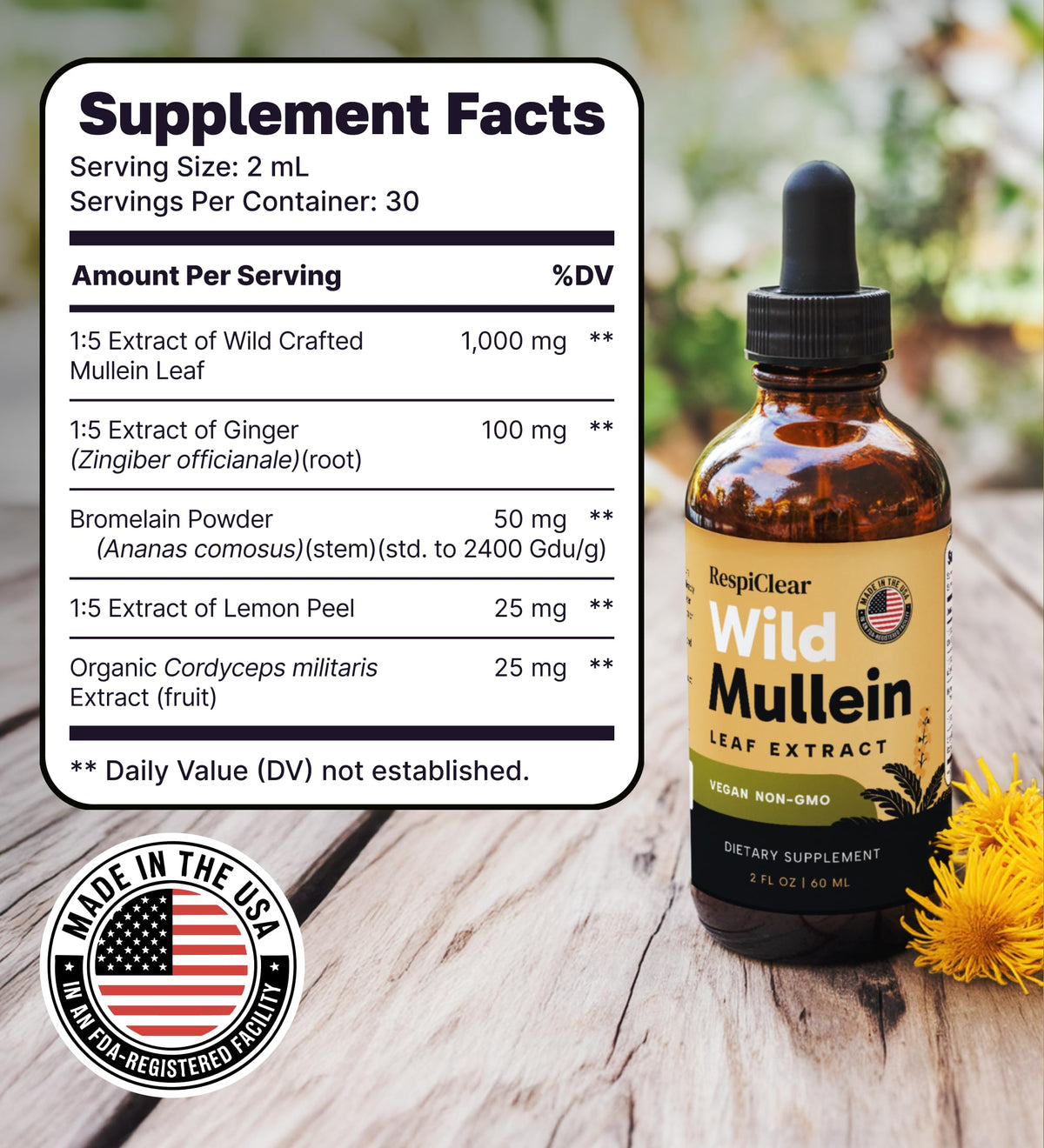 All-Natural Mullein Drops with Ginger & Lemon for Lung Cleanse and Detox, Mullein Leaf Extract for Respiratory Lung Health & Detox for Smokers, 2 Fl oz