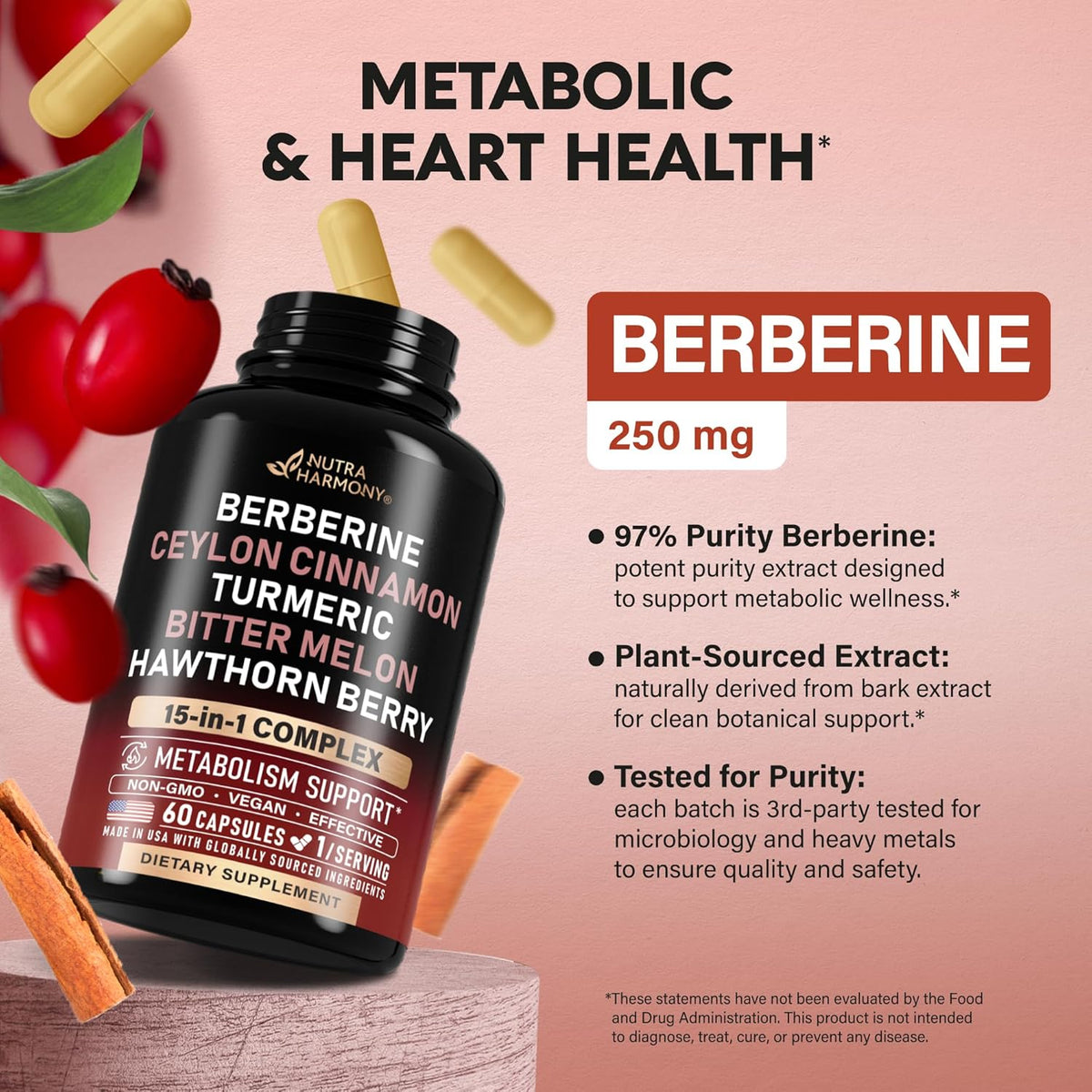 Berberine with Ceylon Cinnamon | Bitter Melon (Karela) | Apple Cider Vinegar | Hawthorn Berry | Citrus Bergamot | Turmeric - 15in1 Supplement for Heart Metabolism & Energy Support - Vegan, 60 Capsules