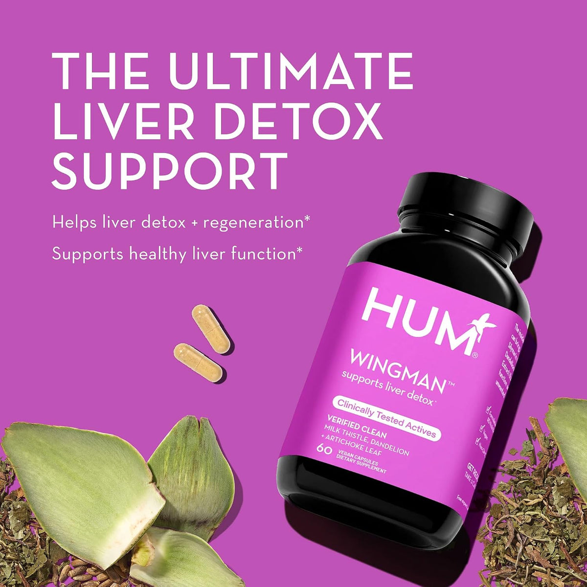 HUM Full Skin and Liver Health Supplement from Nutrition, Wingman and Daily Cleanse A Green Detox & Milk Thistle for Skin Care Support and Liver Health, 2 Pack Bundle, 60 Vegan Capsules