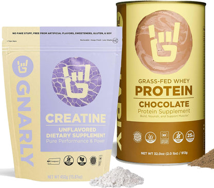Gnarly Nutrition Creatine Powder, Unflavored (16.05oz) and Gnarly Whey Grass-Fed Protein Supplement, Chocolate (32.0oz)