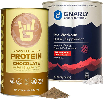 Gnarly Whey Grass-Fed Protein Supplement, Chocolate (32.0oz) and Gnarly Preworkout Strawberry Lemonade (14.82oz)