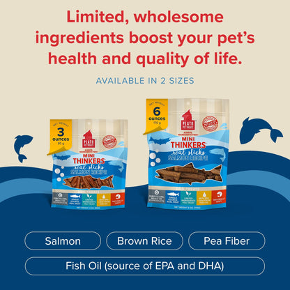 Plato Meat Sticks Salmon Dog Treats, Air-Dried High-Protein Soft Chews with Omega Fish Oil (EPA & DHA), 10 oz