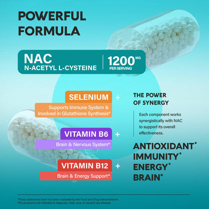 NAC Supplement | Selenium | B6 | B12 - Antioxidant, Immune Support - N Acetyl Cysteine 600 mg per Capsule, 1200 mg per Serving - Lab Tested - Non-GMO, Gluten-Free, Vegan - 120 caps, 2 Month Supply
