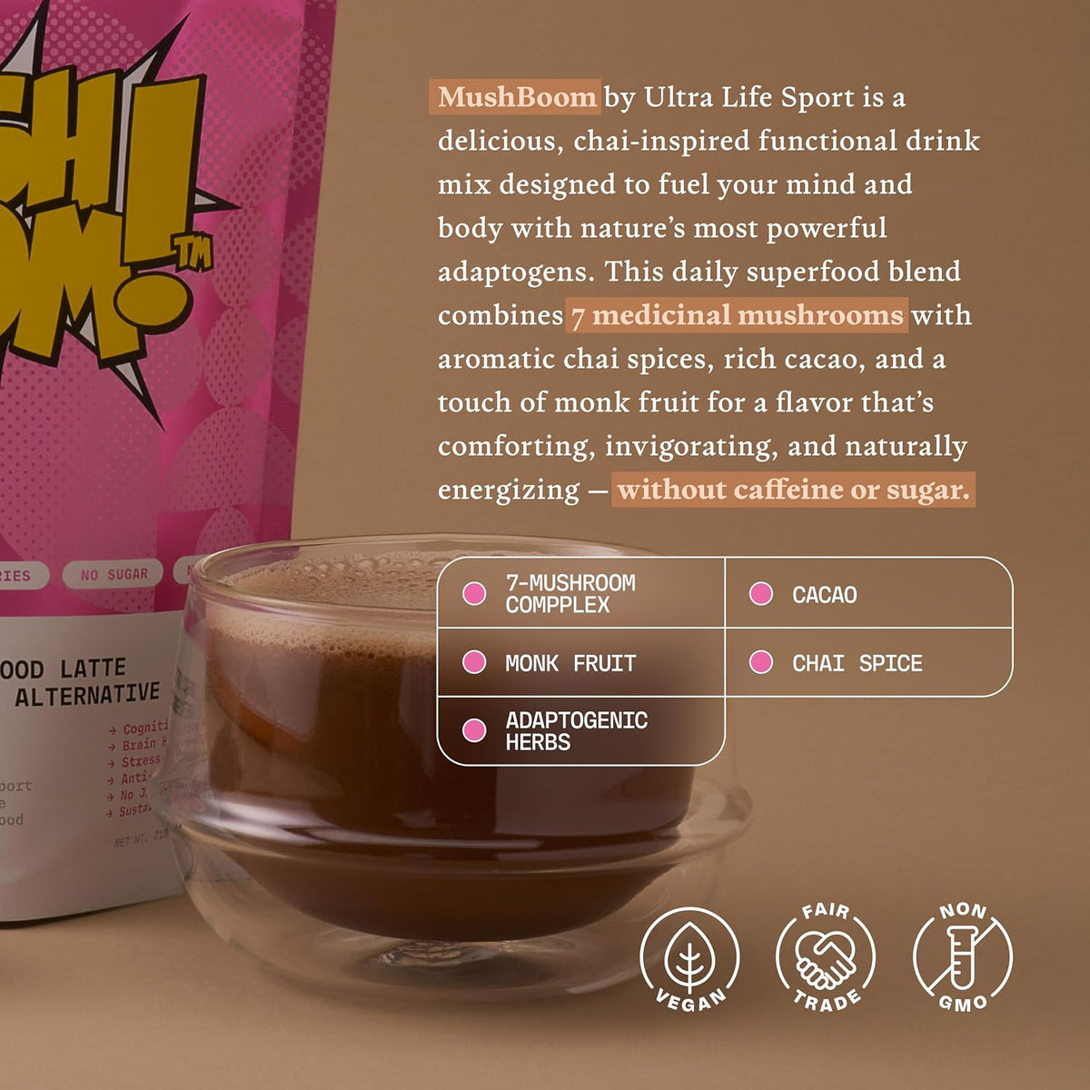 Ultra Life Sport - MushBoom Organic Mushroom Coffee Alternative Drink - 30 Servings 7 Mushroom Cacao Blend - Cordyceps, Lion’s Mane, Chaga, Maitake, Shiitake, Reishi & Turkey Tail - Caffeine Free