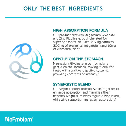 BioEmblem Magnesium Glycinate with Zinc - 300mg Chelated Magnesium Supplement - High Absorption Vegan Non-GMO 2-in-1 Complex - Immune Support, Muscles, Nerves - 90 Capsules