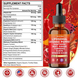 Cayenne Pepper Drops Liposomal Supplement Liquid + Hawthorn Berry, Vitamin D3 K2 Beet Root Powder, Ceylon Cinnamon, CoQ10, Turmeric Curcumin, Cayenne Pepper Extract - 2oz HevChay buy supplements Au