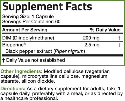 Bronson DIM 200 MG Supplement Diindolymethane with BioPerine for Enhanced Absorption, Estrogen Metabolism & Maintains Balanced Hormone Levels, 60 Vegetarian Capsules