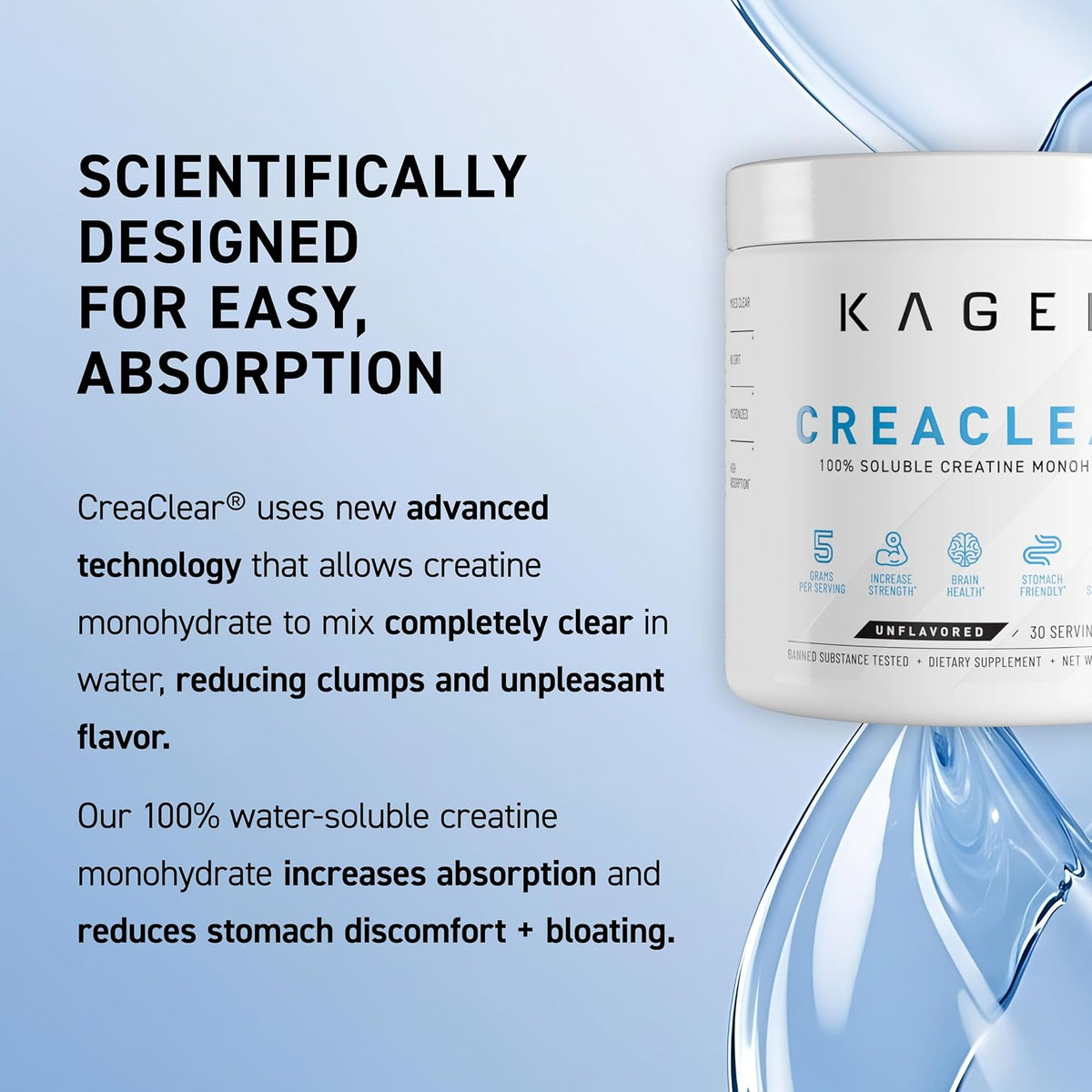 Kaged CreaClear Creatine Monohydrate Powder | Mixes Clear & Dissolves Completely, No Grit | Premium Micronized Creatine for Strength, Performance & Muscle Support | Unflavored | 30 Servings