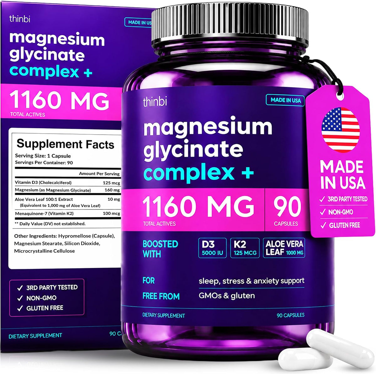Magnesium Glycinate 1160mg + Aloe Vera, D3 & K2 Complex