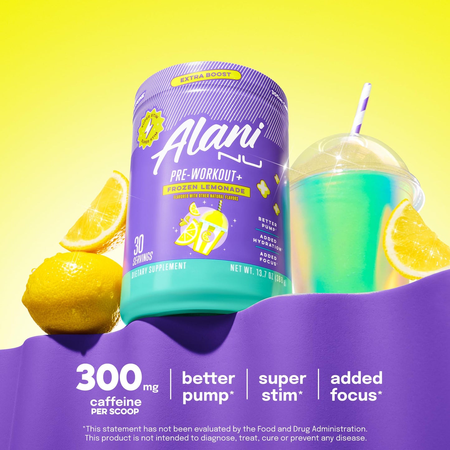 Alani Nu Pre Workout+ Powder Frozen Lemonade, Extra Boost, Sugar Free, 300mg Caffeine, L-Theanine, Beta-Alanine, Citrulline, 30 Servings