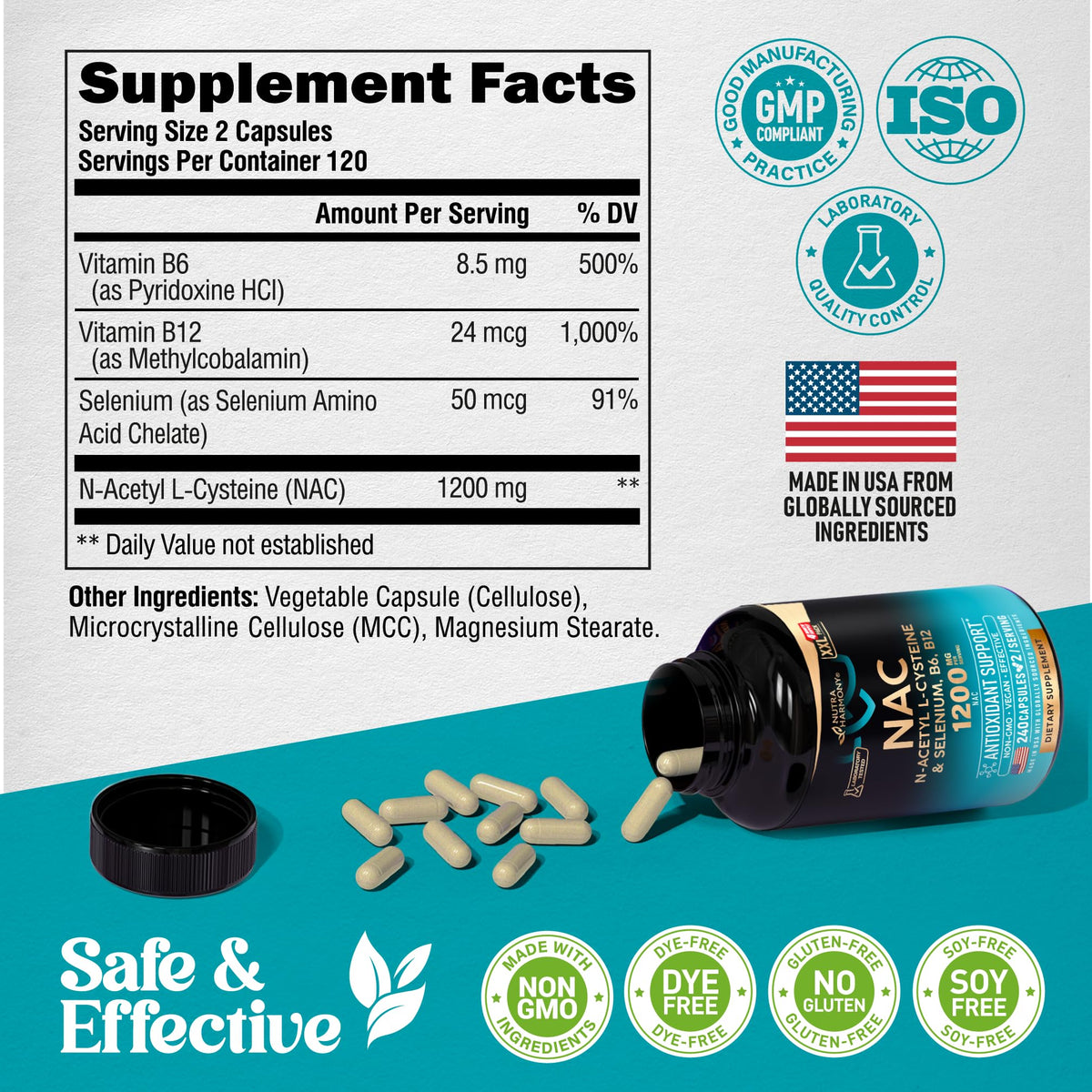 NAC Supplement | Selenium | B6 | B12 - Antioxidant, Immune Support - N Acetyl Cysteine 600 mg per Capsule, 1200 mg per Serving - Lab Tested - Non-GMO, Gluten-Free, Vegan - 120 caps, 2 Month Supply