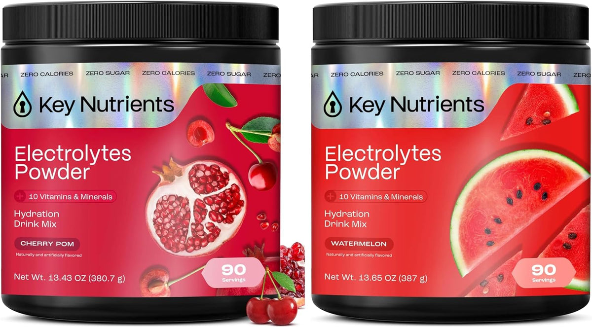 KEY NUTRIENTS Electrolytes Powder Bundle, Sweet Cherry Pom 90 Servings Jar + Juicy Watermelon 90 Servings Jar, Sugar Free Hydration Drink Mix with Vitamins & Minerals, No Calories